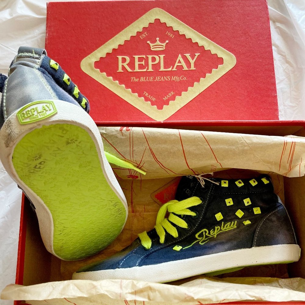 Replay & Sons size 34 EU distressed denim studded SOUTHFELDS mid canvas sneaker